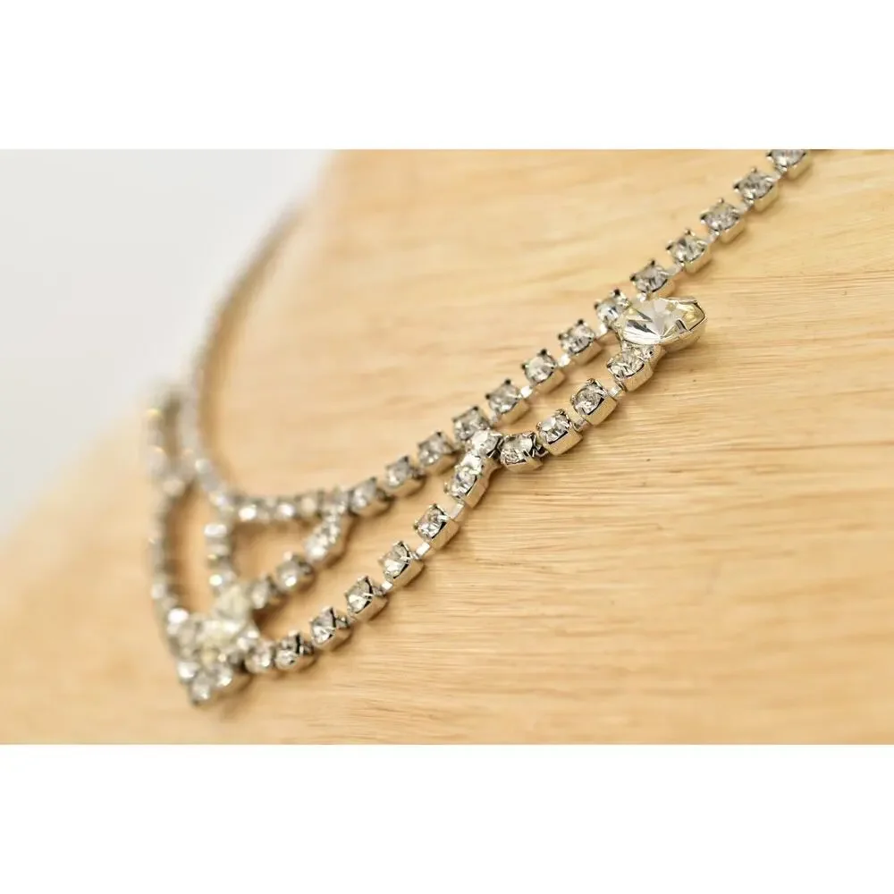 Vintage Crystal Collar Necklace Prong Rhinestone Silver Tone Shiny 1980s BinBD